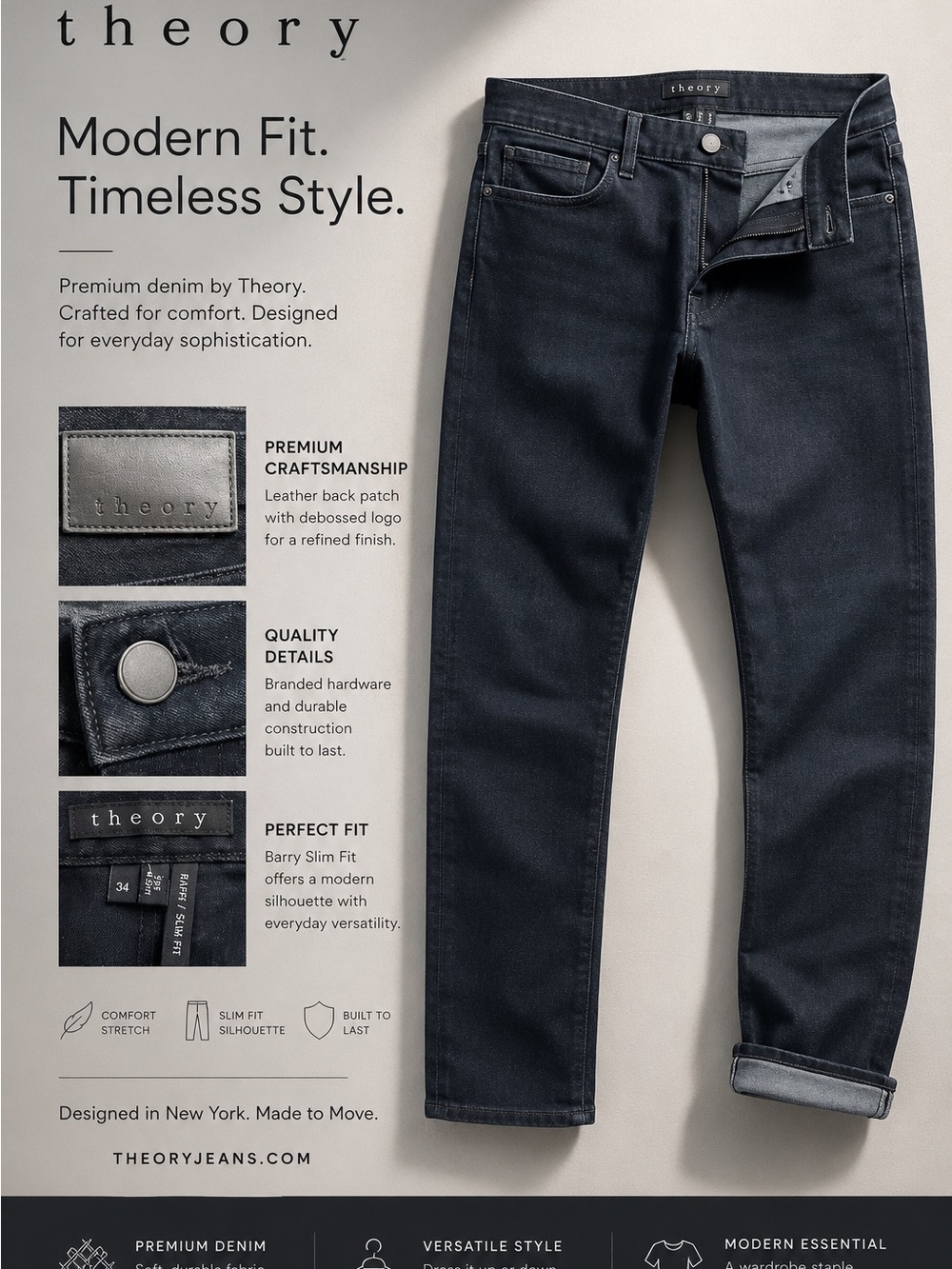 THEORY Barry Slim Fit Jeans – Dark Wash Premium Denim – Size 34x30